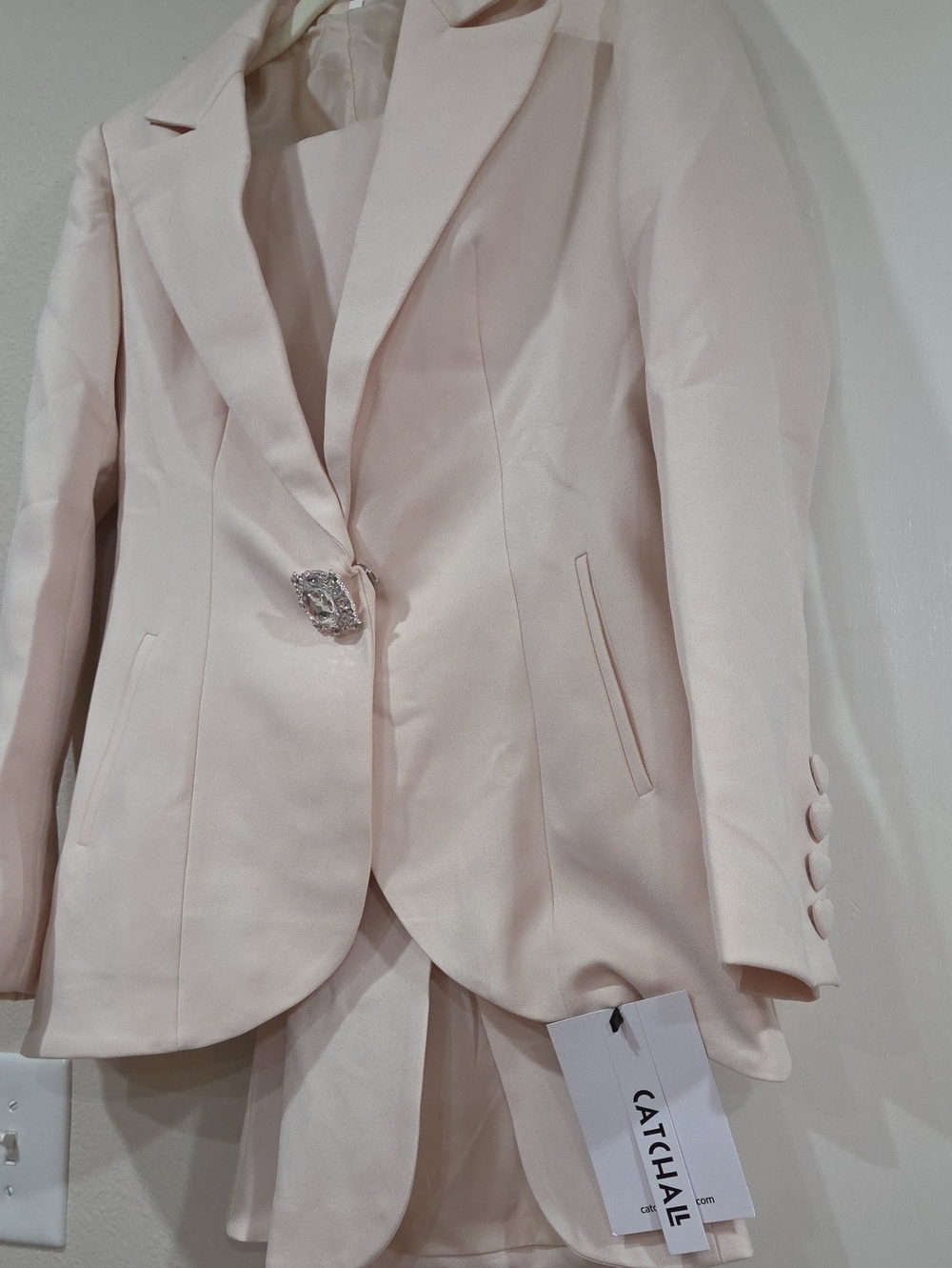 Catchall Cream Viral Suit with Decorative Gem Button